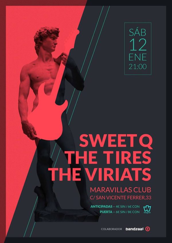 Nuestro primer concierto de 2019 reúne a tres jóvenes bandas de indie pop-rock: Sweet Q, The Tires y The Viriats